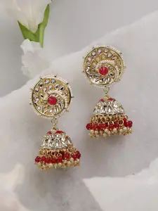 Priyaasi Red & White Gold-Plated Handcrafted Kundan-Studded & Beaded Dome Shaped Jhumkas