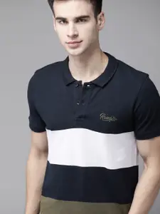 Roadster Men Navy Blue & White Colourblocked Pure Cotton Polo Collar T-shirt
