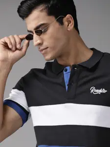 Roadster Men Black  Blue Striped Pure Cotton Polo Collar Pure Cotton T-shirt