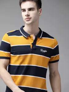 Roadster Men Mustard Yellow  Navy Blue Pure Cotton Striped Polo Collar Pure Cotton T-shirt
