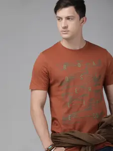 Roadster Men Rust Brown Printed Round Neck Pure Cotton T-shirt
