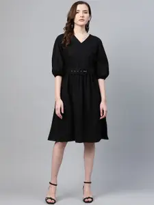plusS Black Cotton A-Line Dress With Belt