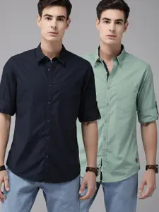 Roadster Pack of 2 Men Navy Blue & Green Regular Fit Solid Casual Shirt