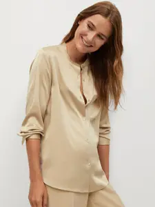 MANGO Women Beige Solid Regular Fit Casual Shirt with Satin Finish