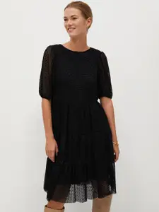 MANGO Women Black Self Design Net A-Line Dress