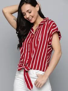 Mast & Harbour Women Maroon & White Regular Fit Striped Casual Shirt