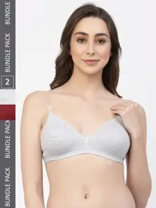 Floret Grey Melange & Maroon Pack of 2 Solid T-shirt Bra T3005_Cool Grey-Merlot_30B