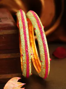 Rubans Set of 2 22K Gold-Plated Lime Green & Red Stone-Studded Handcrafted Bangles
