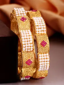 Rubans Set Of 2 22k Gold-Plated Pink & White Stone-Studded Beaded Handcrafted Bangles