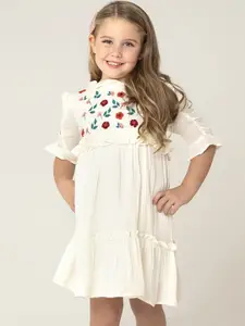Cherry Crumble Girls Cream-Coloured & Green Floral Embroidered A-Line Dress