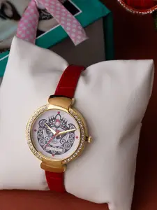 Voylla Women Gold-Toned & Red Leather Analogue Watch 8905124081343