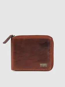 Levis Men Brown Self Design Leather Camo Debosed Zip Around Wallet