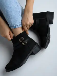 Shoetopia Women Black Solid Mid-Top Heeled Boots