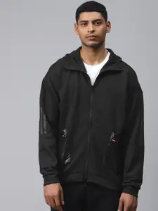ADIDAS Men Black Solid Tech Fabric Mix Hoodie Jacket