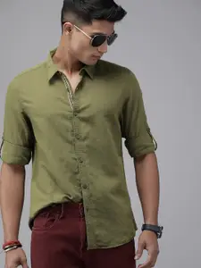 Roadster Men Olive Green Regular Fit Solid Casual Shirt