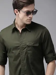 Roadster Men Olive Green Solid Casual Shirt