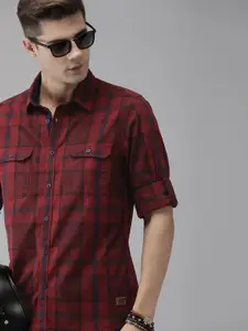 Roadster Men Rust Red & Navy Blue Checked Pure Cotton Casual Shirt