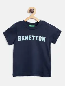 United Colors of Benetton Boys Navy Blue Brand Logo Print Round Neck T-shirt