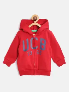 United Colors of Benetton Boys Red & Navy Blue Brand Logo Print Hooded Sweatshirt