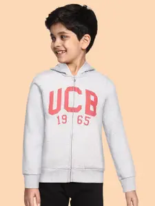 United Colors of Benetton Boys Grey Melange & Pink Brand Logo Print Hooded Sweatshirt