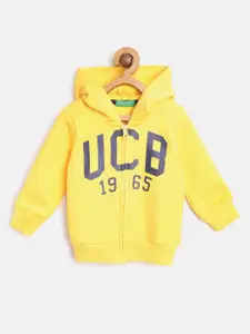 United Colors of Benetton Boys Yellow & Navy Blue Brand Logo Print Hooded Sweatshirt