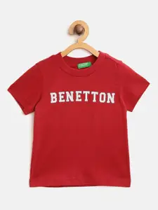 United Colors of Benetton Boys Red Brand Logo Print Round Neck T-shirt