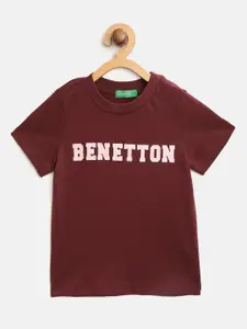 United Colors of Benetton Boys Burgundy Brand Logo Print Round Neck T-shirt