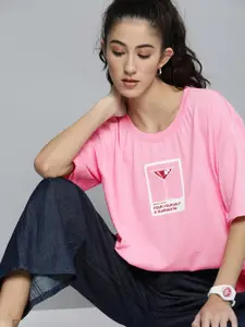 Kook N Keech Women Pink  Red Printed Round Neck Oversized Pure Cotton T-shirt