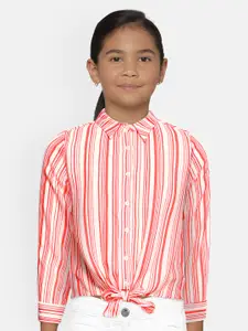 Global Desi Girls Coral Pink & White Striped Regular Fit Casual Shirt