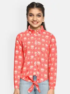 Global Desi Girls Peach-Coloured & White Floral Printed Shirt Style Top