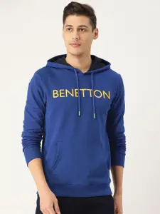 United Colors of Benetton Men Blue Solid Hooded Sweatshirt