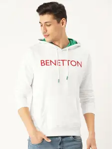 United Colors of Benetton Men White Printed Slim Fit Hooded Sweatshirt