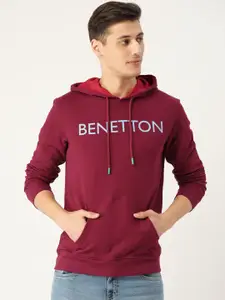 United Colors of Benetton Men Maroon Printed Hooded Sweatshirt