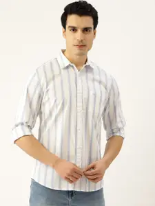 United Colors of Benetton Men White & Blue Poplin Weave Slim Fit Striped Casual Shirt