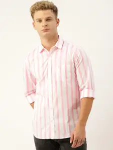 United Colors of Benetton Men White & Pink Slim Fit Striped Casual Shirt