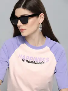 Kook N Keech Women Peach-Coloured & Lavender Oversized Printed Round Neck T-shirt