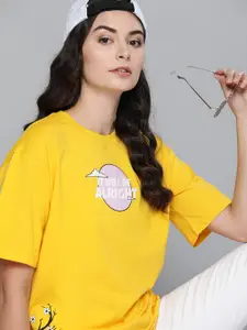 Kook N Keech Women Yellow Printed Round Neck Oversized T-shirt