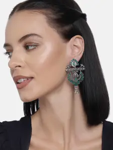 LAIDA Silver-Plated & Green Floral Oxidized Drop Earrings