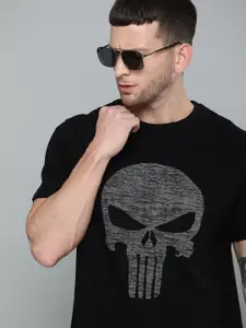 Kook N Keech Marvel Men Black  Charcoal Grey Cotton The Punisher Print Round Neck Pure Cotton Relaxed T-shirt