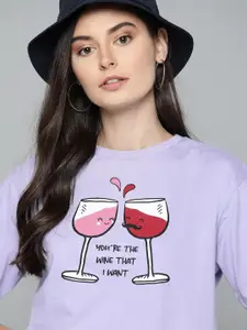 Kook N Keech Women Lavender & Maroon Boxy Pure Cotton Wine Printed Round Neck T-shirt