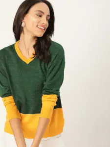 DressBerry Women Green & Mustard Yellow Colourblocked Pullover Sweater