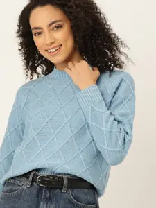 DressBerry Women Blue Self-Design Pullover Sweater