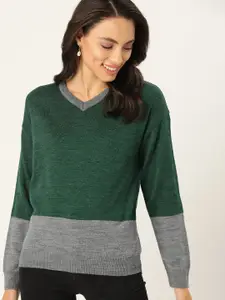 DressBerry Women Green & Grey Melange Colourblocked Acrylic Pullover Sweater