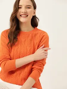 DressBerry Women Orange Cable Knit Pullover