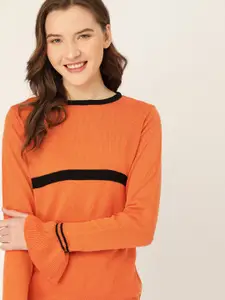 DressBerry Women Orange & Black Stripe Detail Pullover