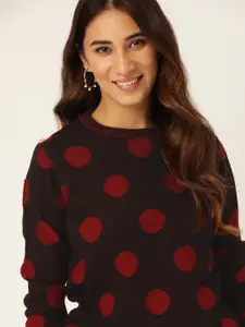 DressBerry Women Black & Maroon Self Design Acrylic Pullover Sweater