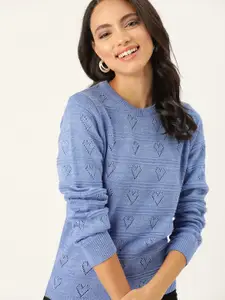 DressBerry Women Blue Heart Shaped Open Knit Pullover Sweater
