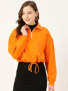 Besiva Women Orange Solid Pure Cotton Shirt Collar Cropped Solid Sweatshirt
