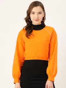 Besiva Women Orange Solid Pure Cotton Solid Cropped Sweatshirt