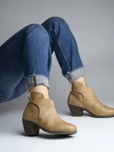Shoetopia Women Beige Solid Heeled Boots